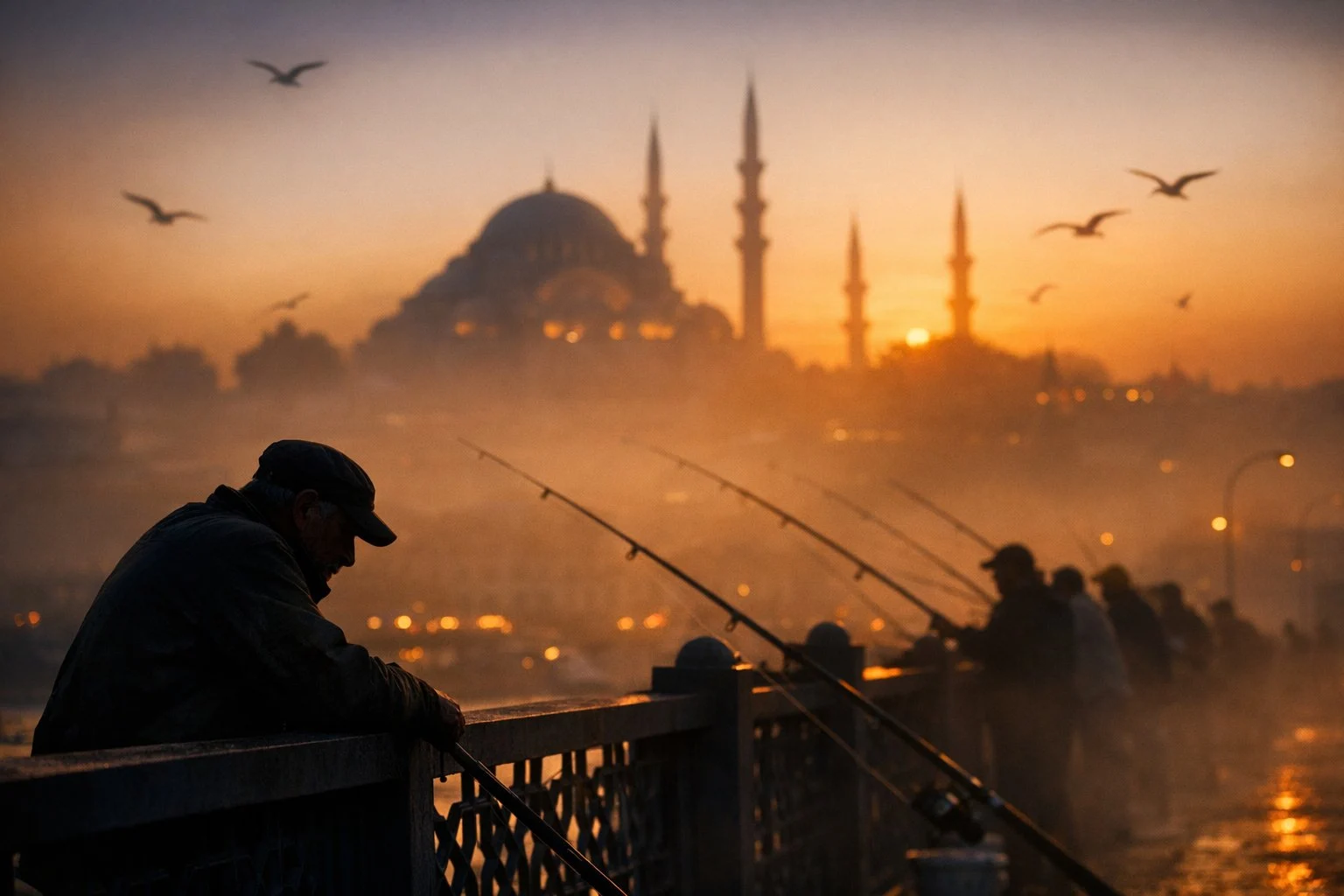 A silhouetted fisherman on a bridge at sunset, with a hazy city skyline beyond.