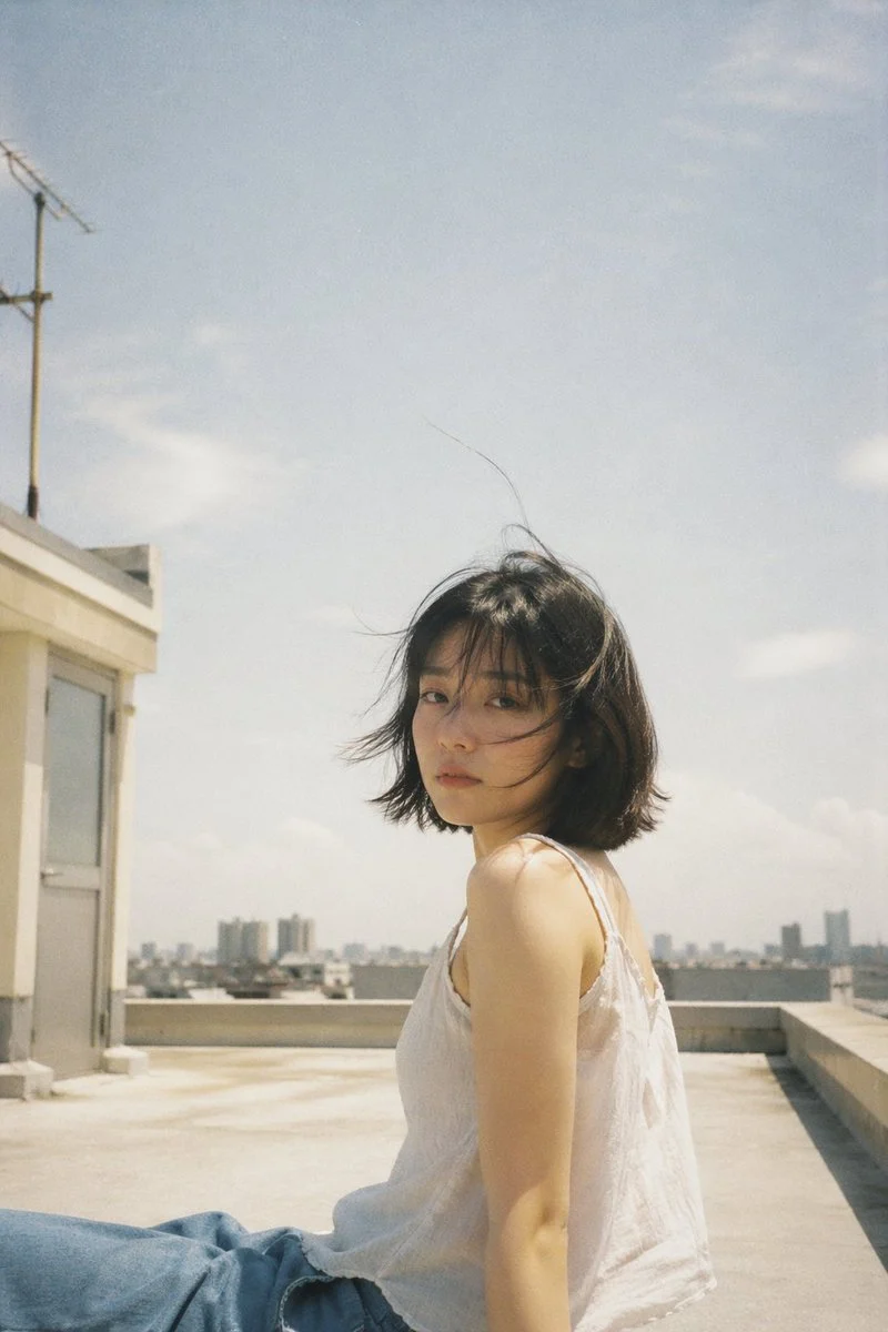 Natural-light rooftop portrait with a muted negative-film treatment.