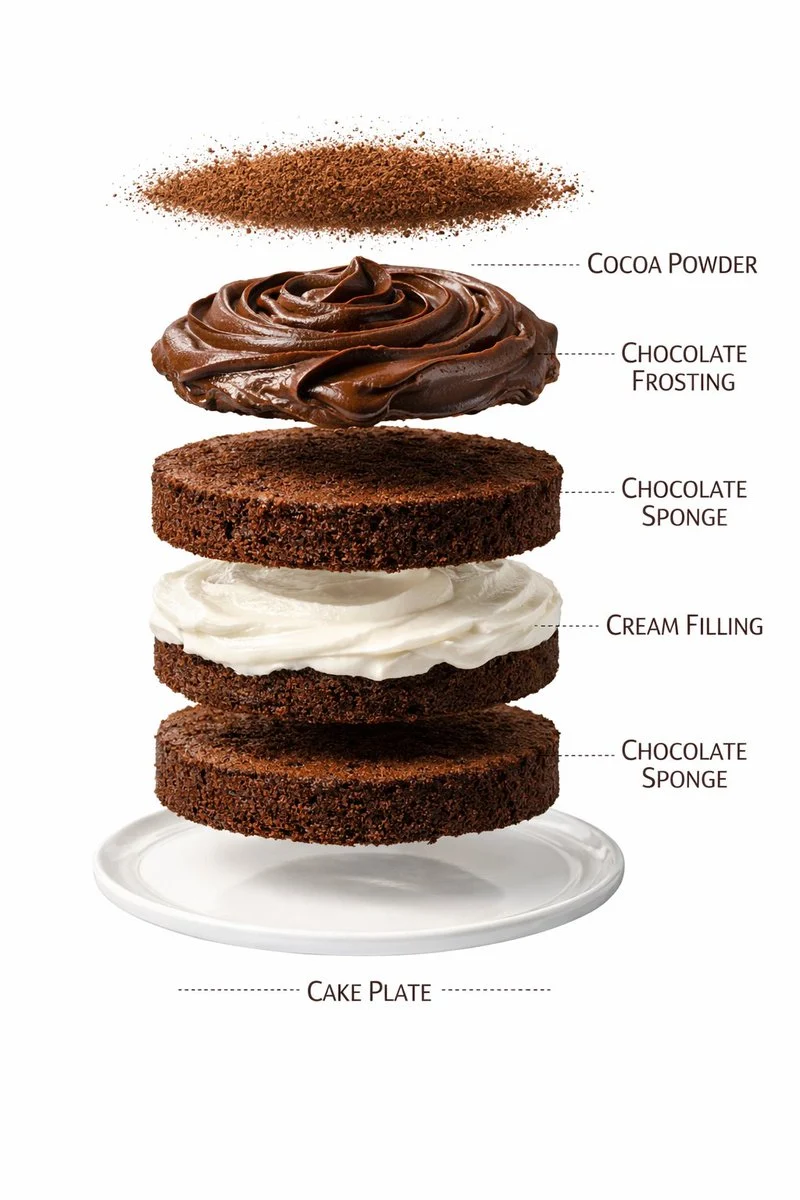 A layered chocolate cake with distinct sponge, cream, and topping details.