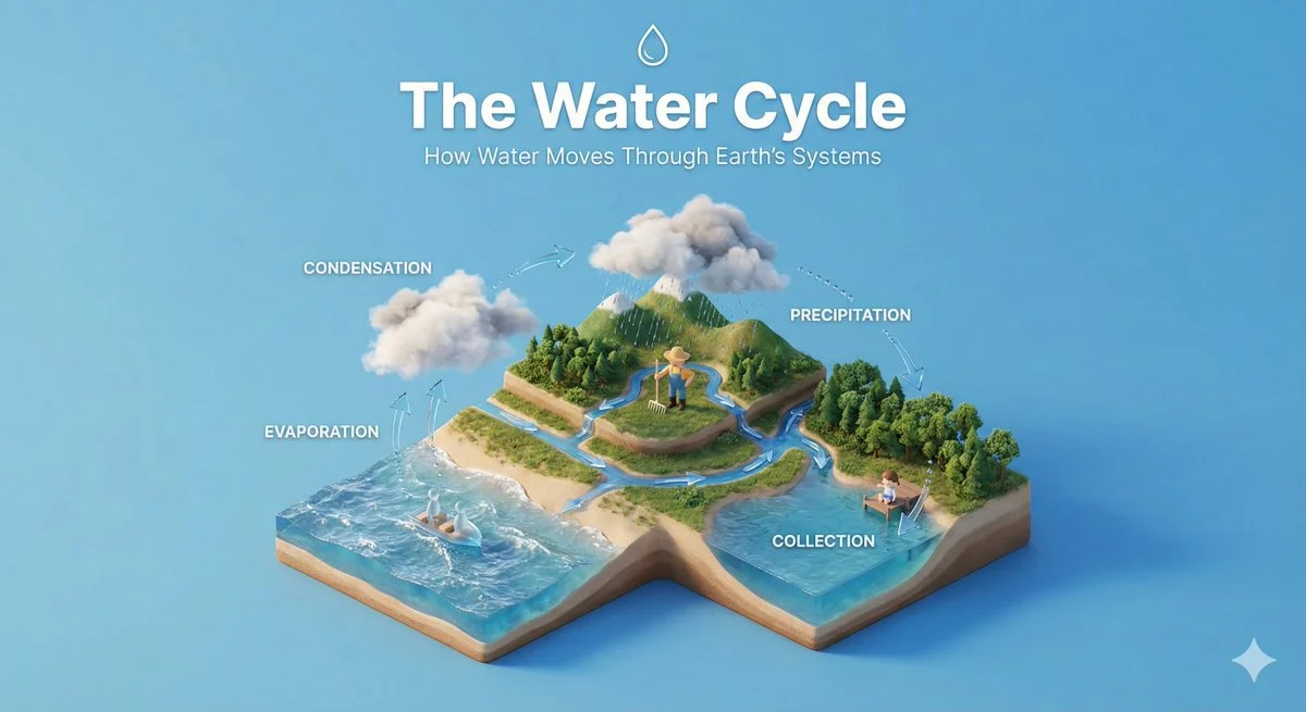 An isometric water-cycle explainer with a landscape, cloud, and labeled process steps.