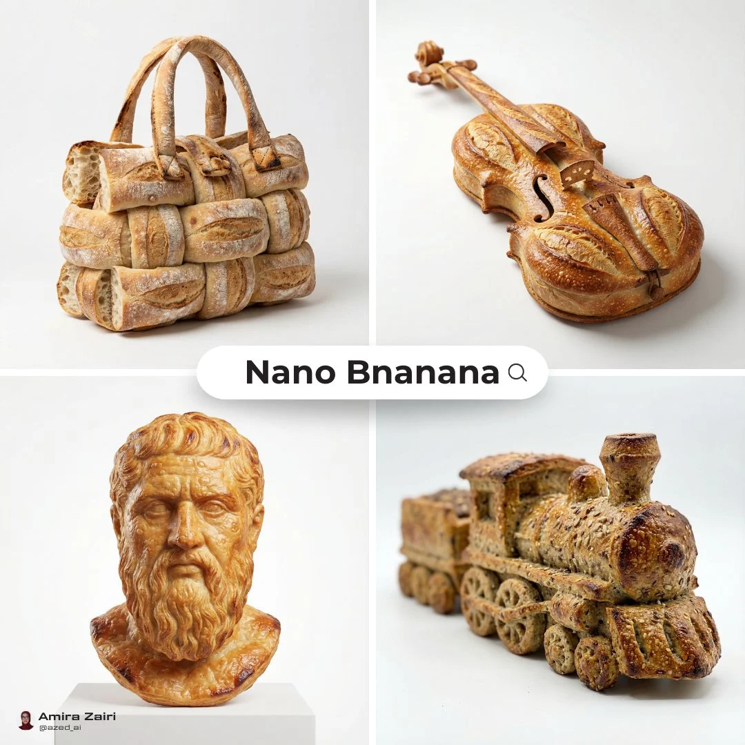 A collection of sculptural objects rendered with a bread-like material and clear silhouettes.