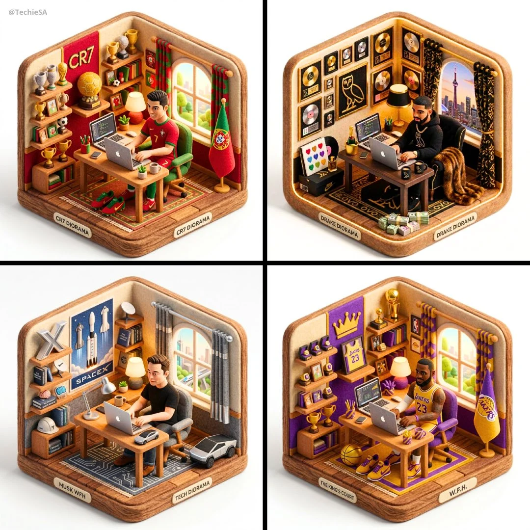 A set of small isometric interior scenes with consistent room geometry and object placement.