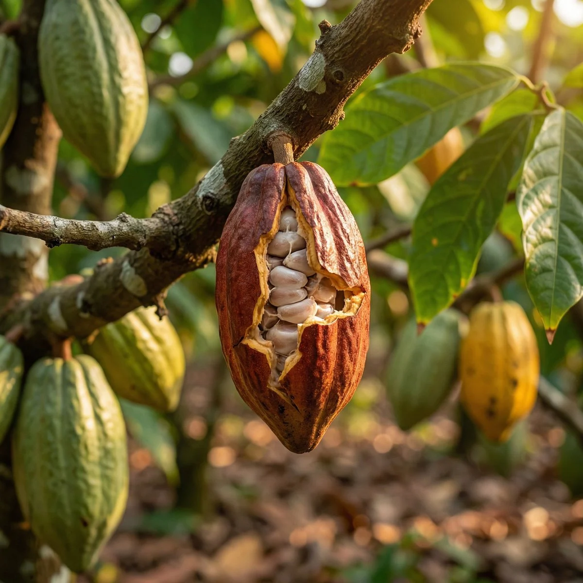 A cocoa pod growing on a tree, shown with its bark, leaves, and surrounding plantation texture.