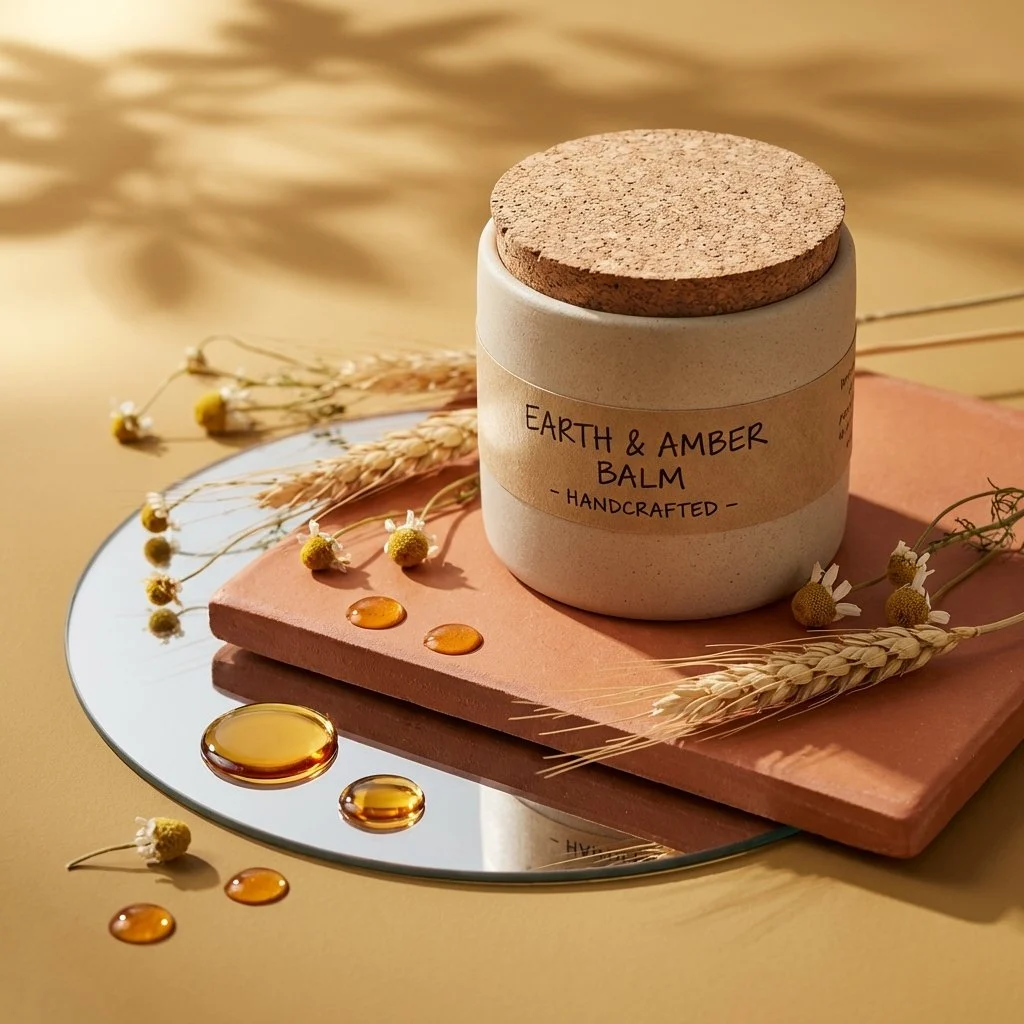 A cosmetic jar arranged in a warm studio composition with layered materials and shadows.