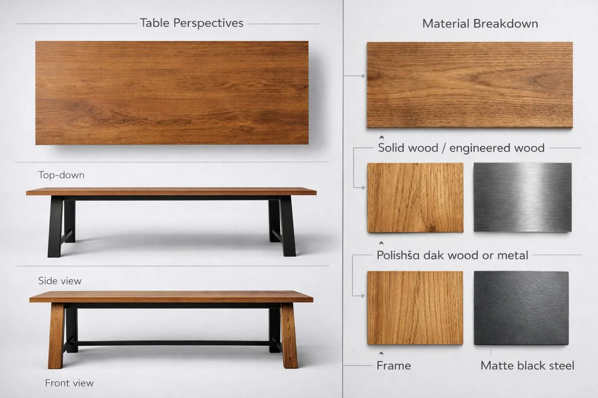 A furniture product sheet with separate material samples and detail views.