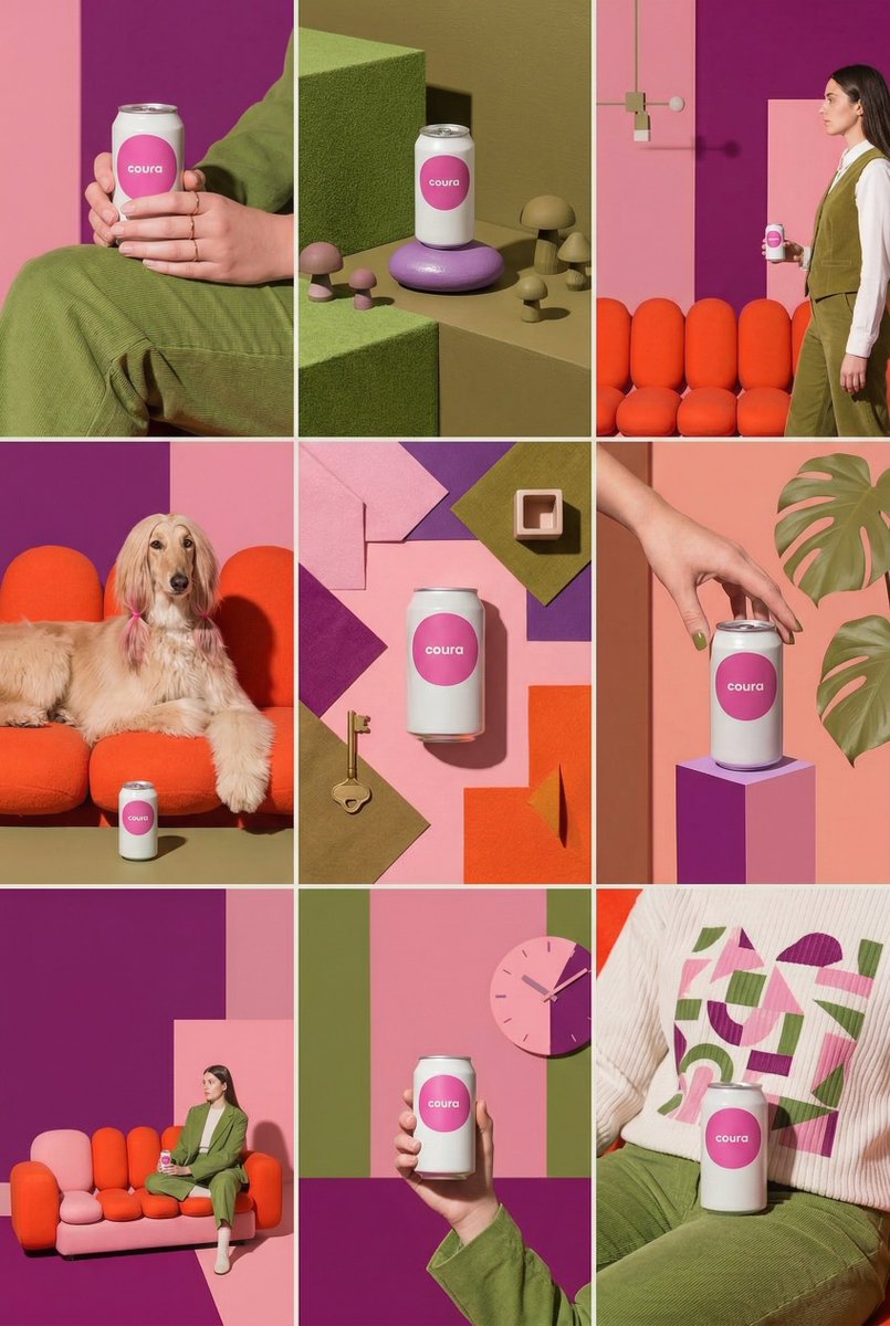 A coordinated grid of product views using one palette across multiple locations and crops.