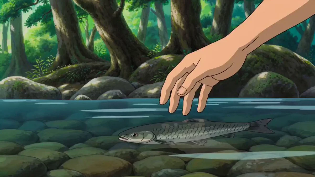 A hand-drawn animated picnic scene beside a riverside forest.