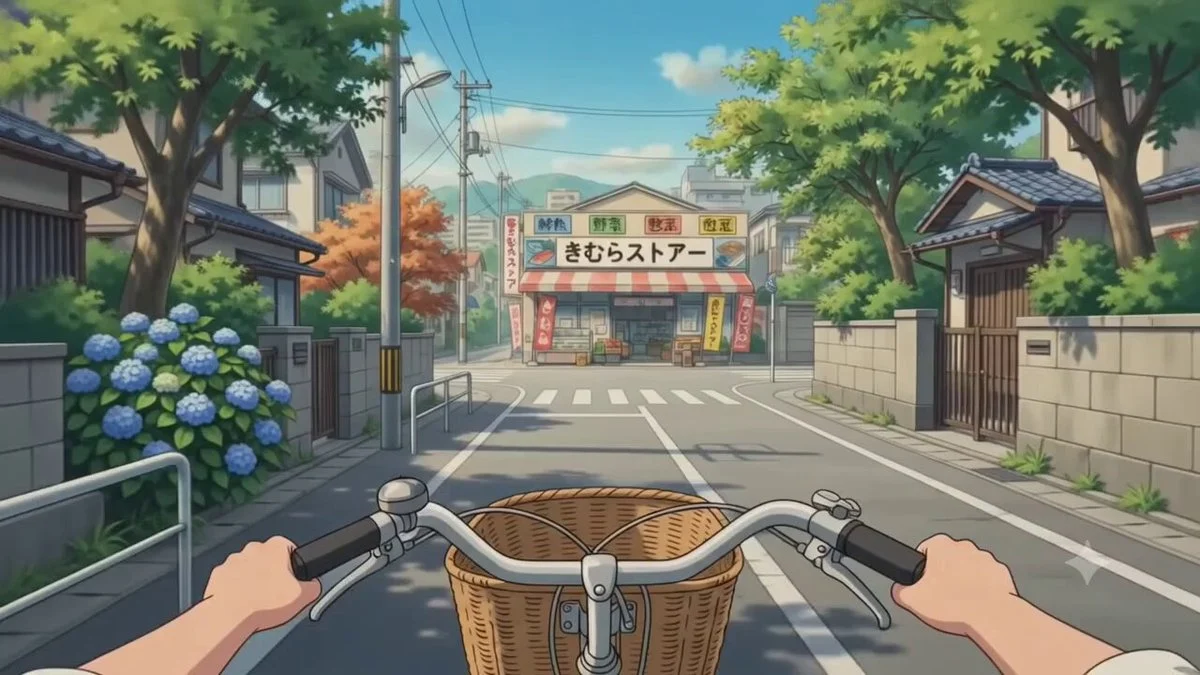 First-person animated bicycle journey in Japan