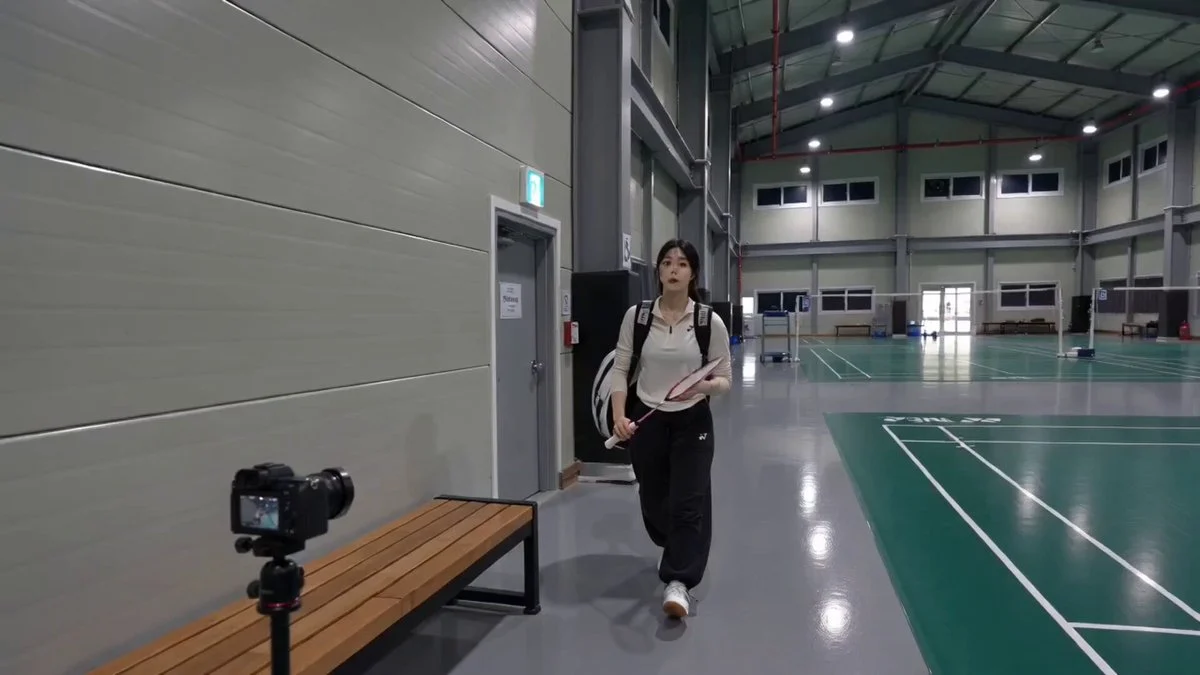 A badminton player moving through a real indoor sports-court scene.