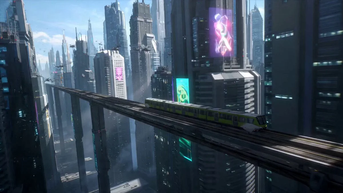 A futuristic train moving through a dense city skyline.
