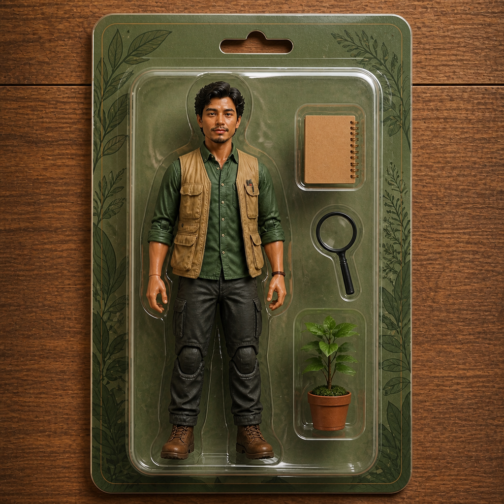 A photo beside its blister-packed action figure version.