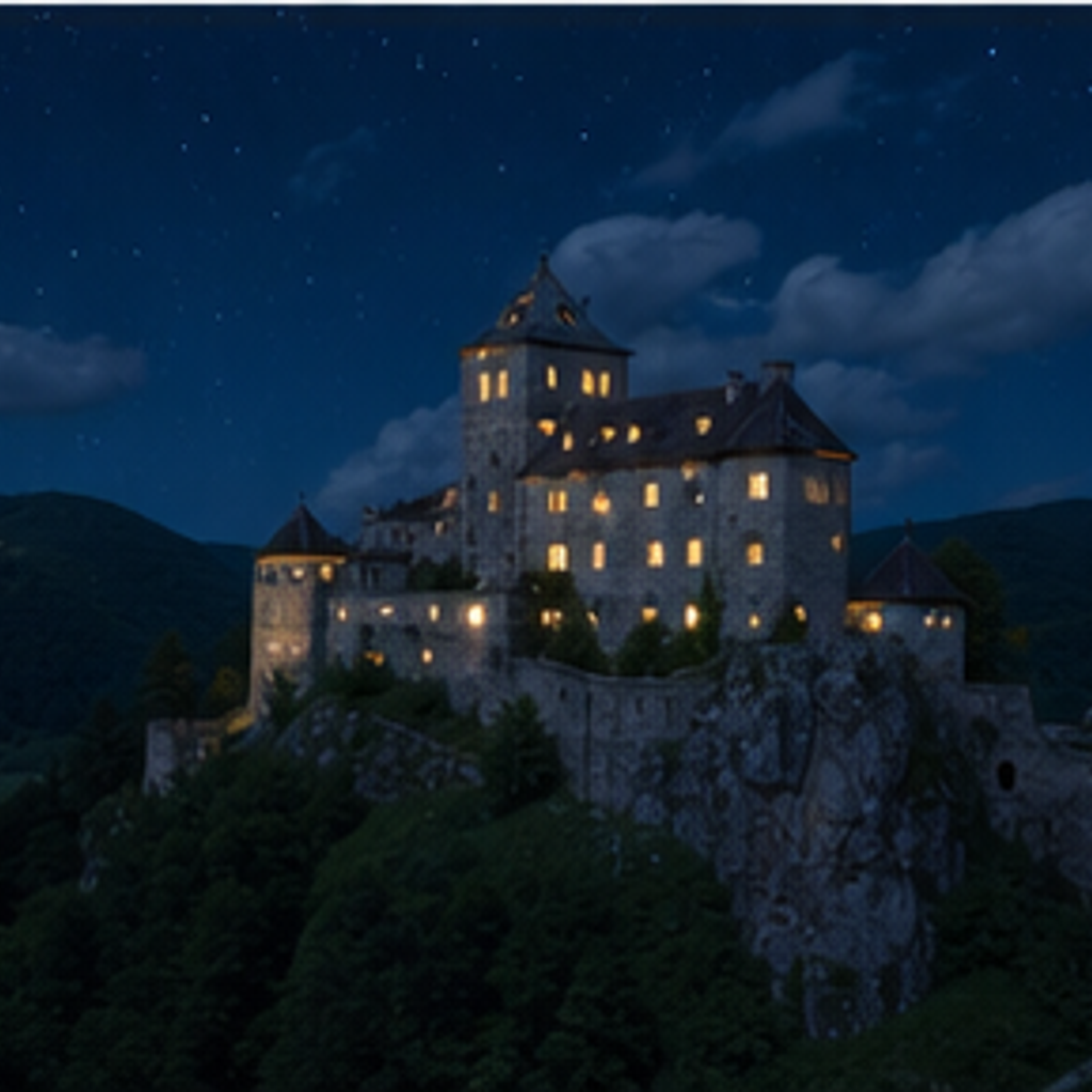 A daytime scene beside its night-time transformation.