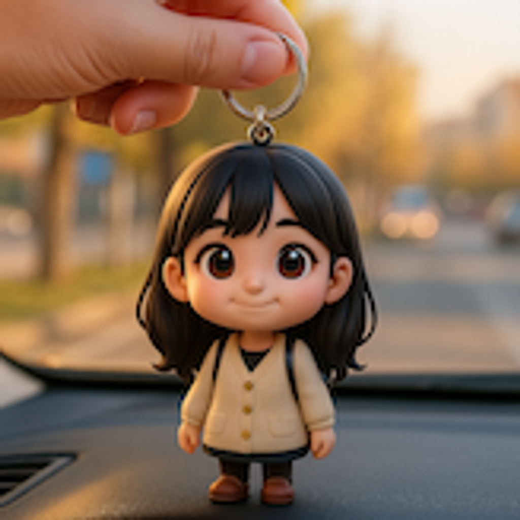 A photo beside its 3D chibi keychain interpretation.
