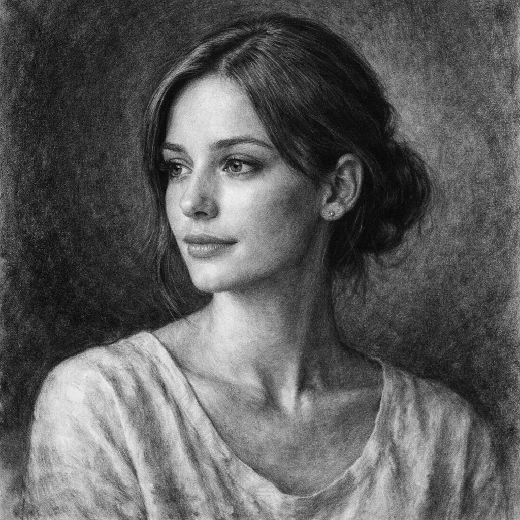 A photo beside its charcoal-drawing interpretation.