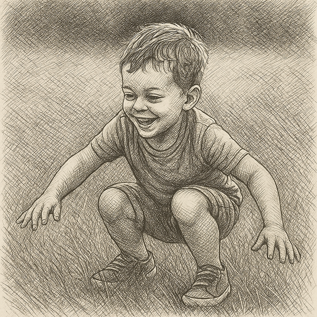 A child photo beside a detailed black-ink cross-hatching drawing.