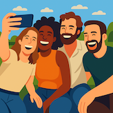 A group selfie beside a simplified flat-design illustration.
