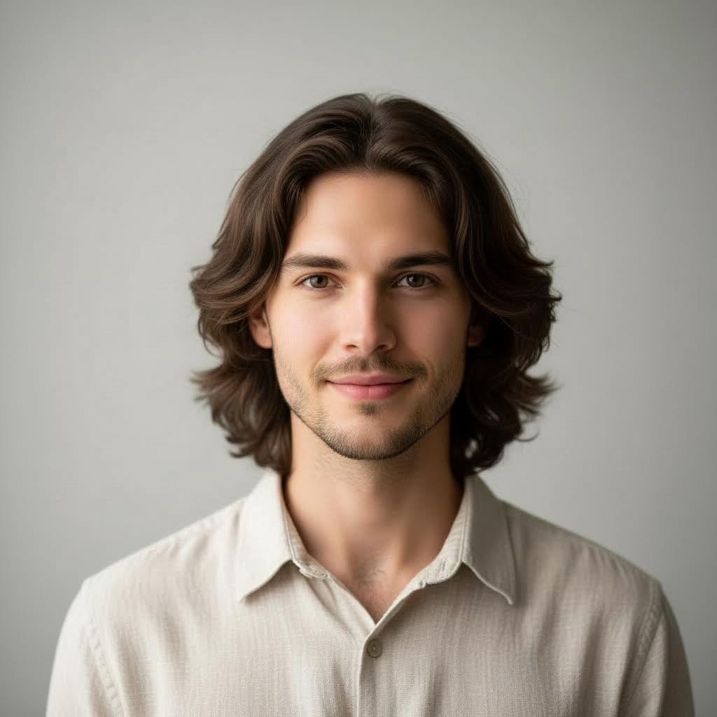 A studio portrait beside an opposite-gender version with matching hair and lighting.