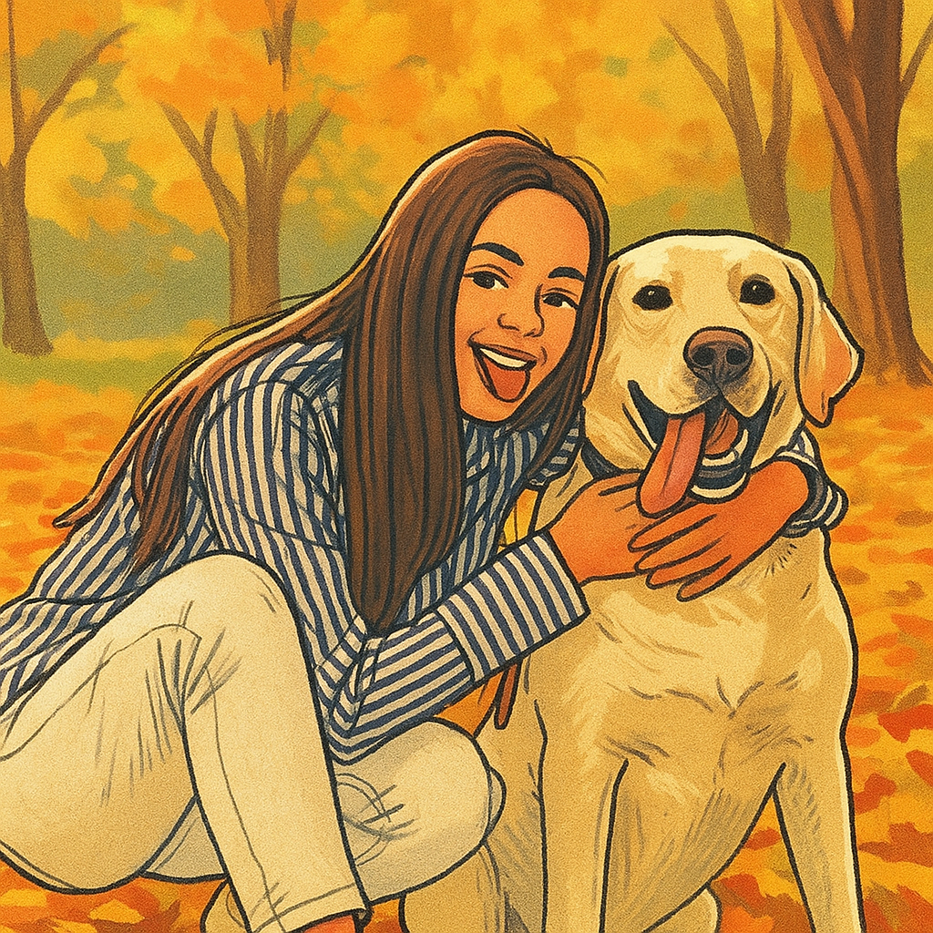 A woman and dog photo beside a warm editorial illustration.