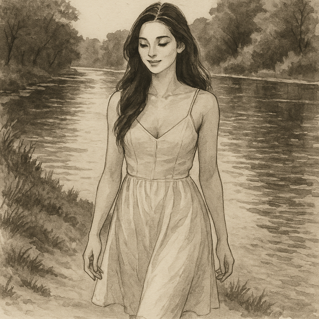 A photo beside its ink-wash interpretation.