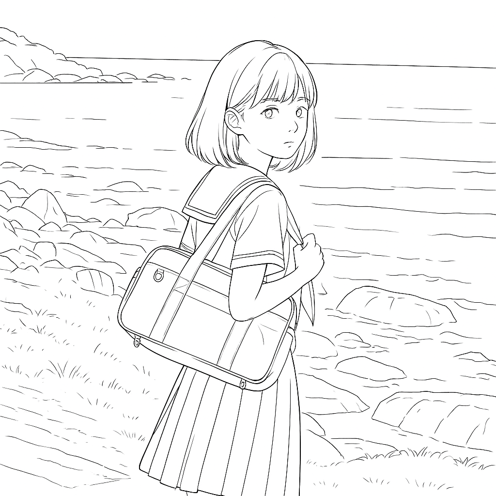 A portrait photo beside its black-and-white line drawing.