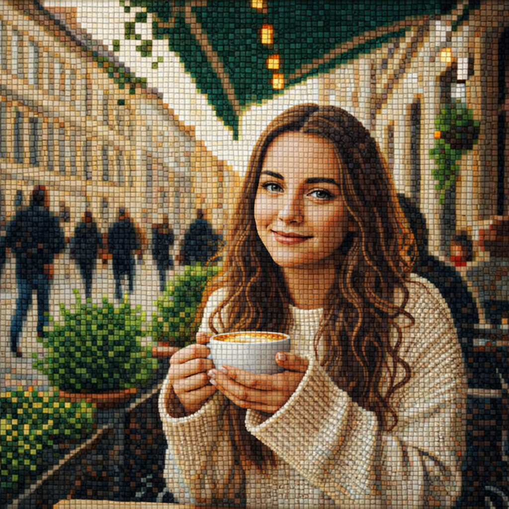 A photo beside its tile-mosaic interpretation.