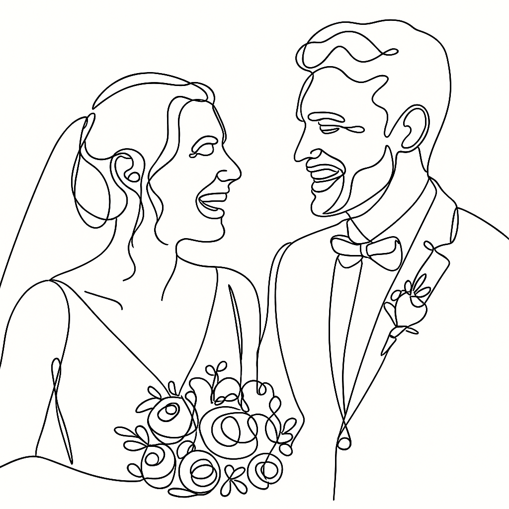 A wedding portrait beside a minimal continuous-line drawing.