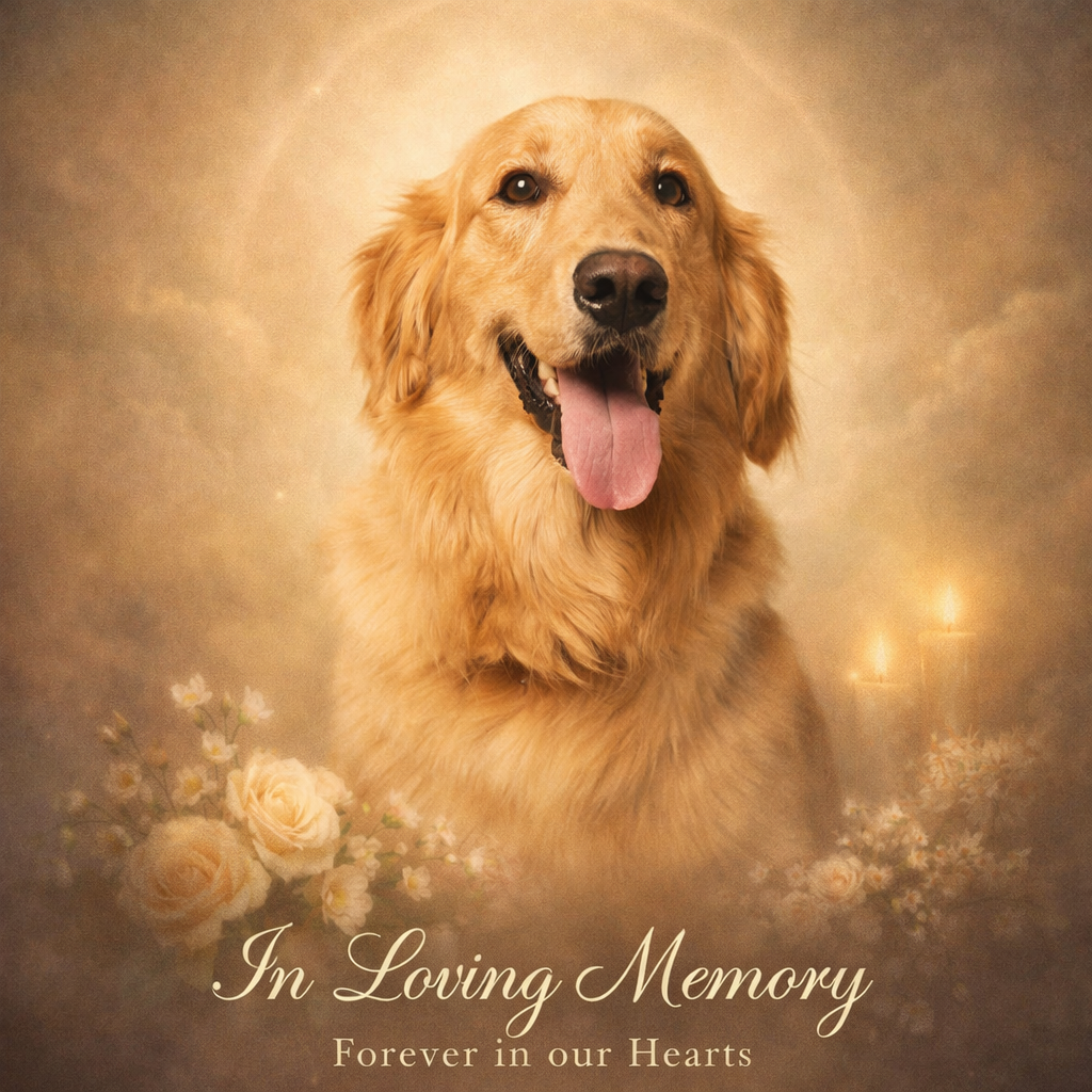 A pet photo beside its memorial-art interpretation.