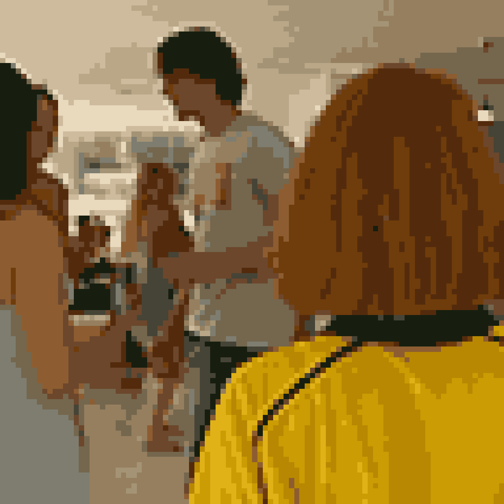 A bright character scene beside its limited-palette pixel-art version.
