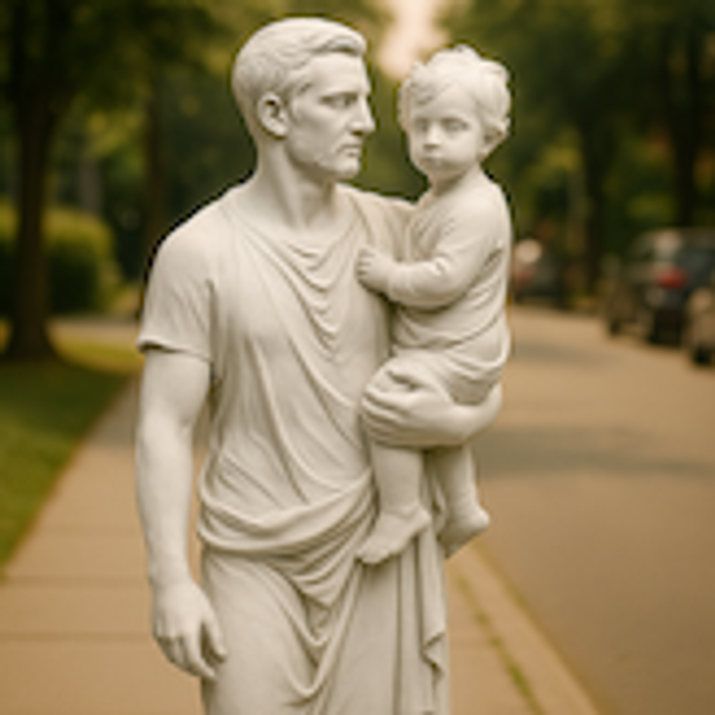A portrait photo beside its carved marble-sculpture interpretation.
