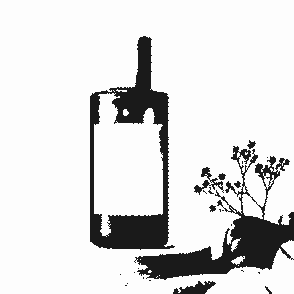 An amber product bottle beside a high-contrast stencil template.