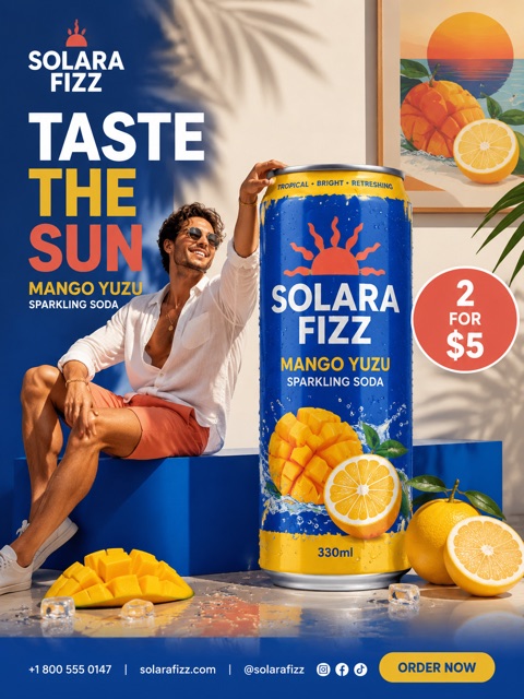 An illustrative marketing poster for a fictional sparkling beverage campaign.